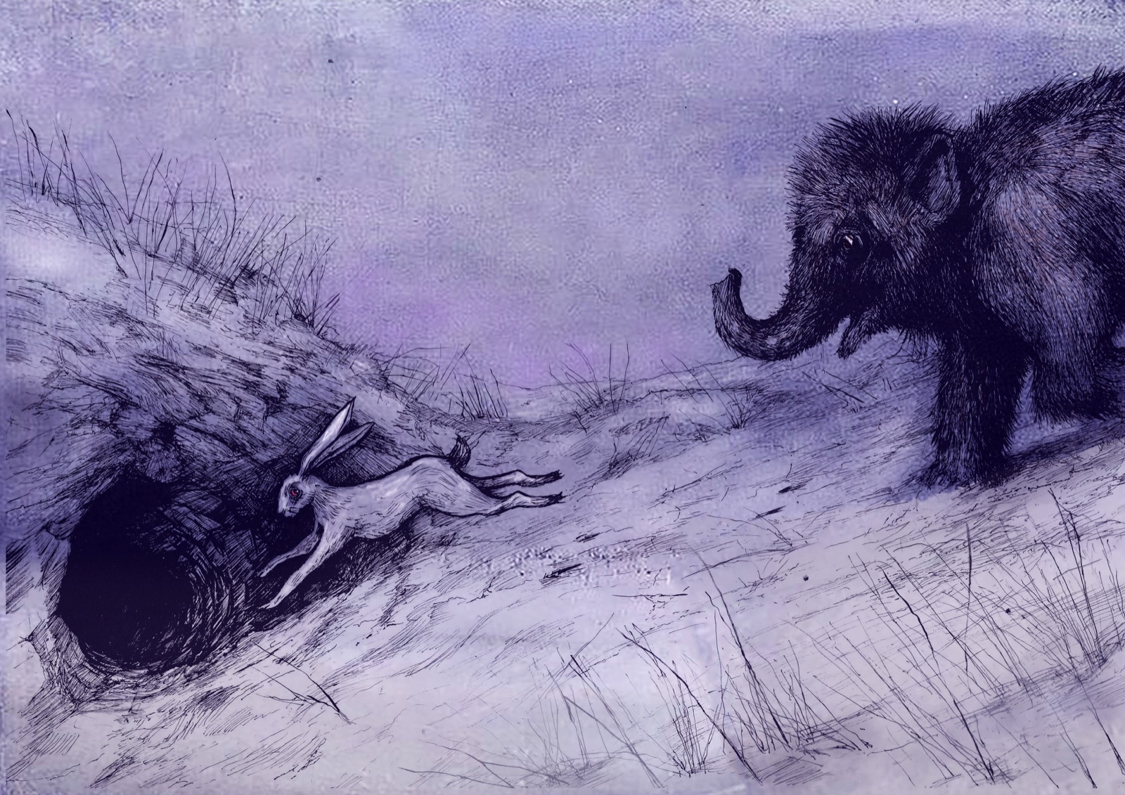 A cave mouth on a frozen landscape. A mammoth calf follows a white hare towards the dark.