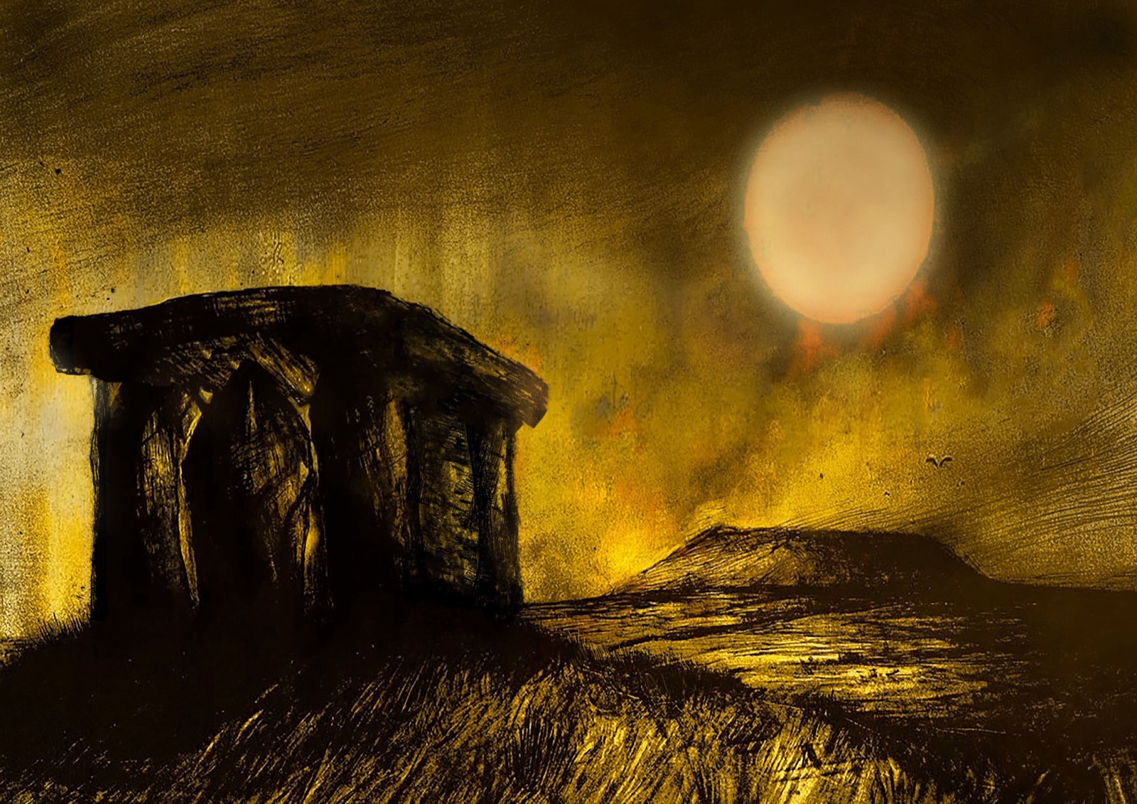 Carrowmore at dawn, a stone complex under a paling sky.
