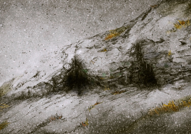 Alice & Gwendoline Cave, County Clare. Snow at the cave's edge in the cold before the sky burned.