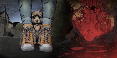 The Ends of the Earth cover artwork. Molly and Toby at the threshold between a suburban street and a scorched red world.