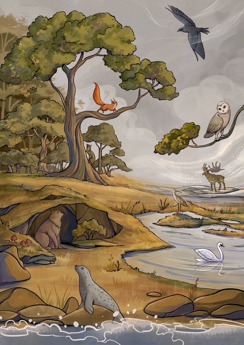 Voice of the Filí poster by Anastasia Khmelevska. Nine native Irish narrators in one landscape.
